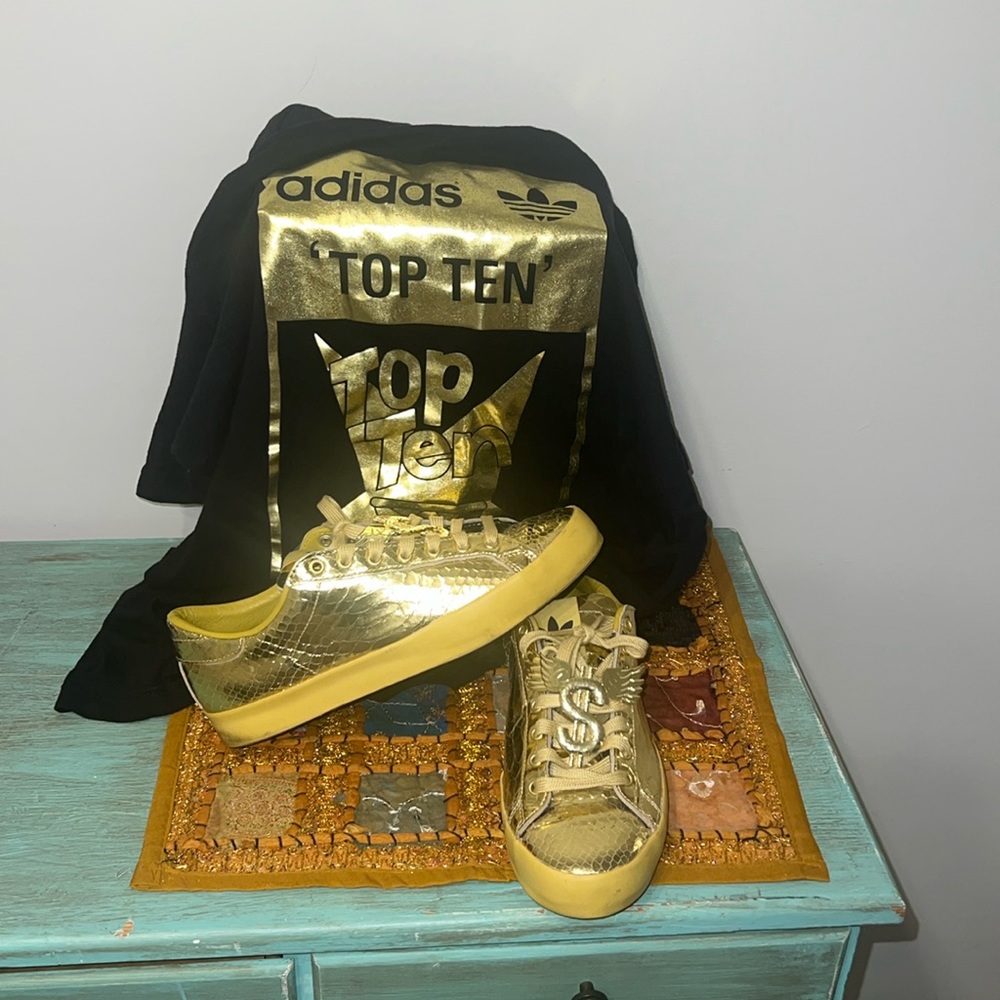 Gold Jeremy Scott adidas collaboration sneakers + shirt in large men’s